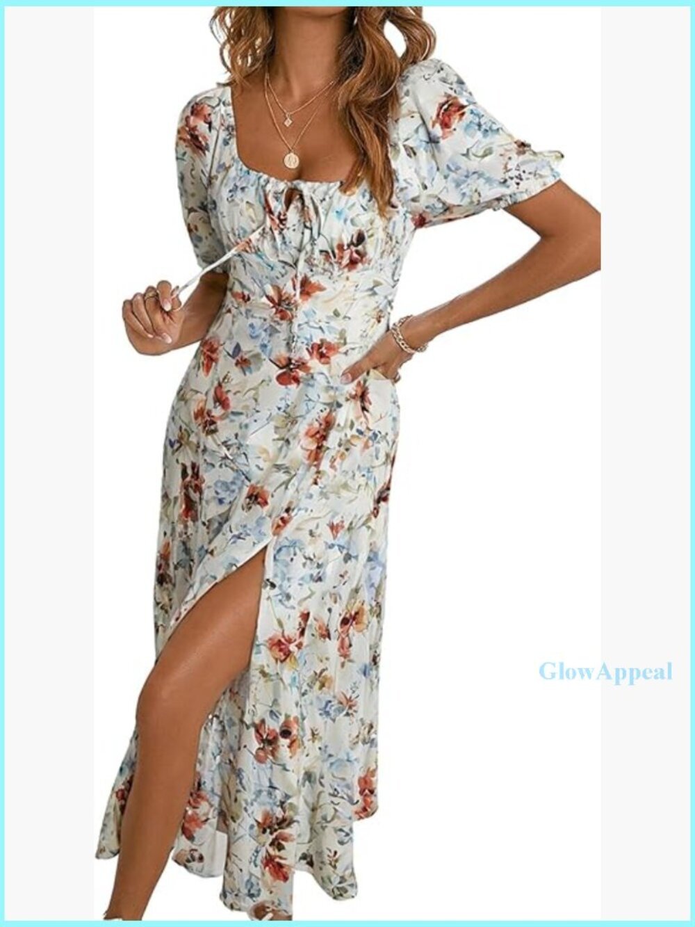 Women's Cotton Midi Dress with Square Neck and Tie Front